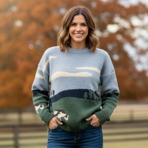 Adam Freak Size Medium Scenic Landscape Sweater - Blue and Green